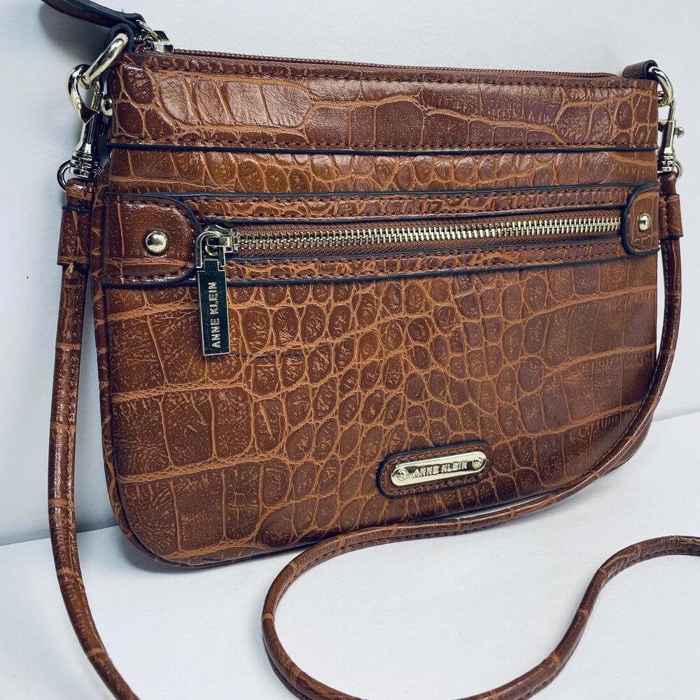 Brown Faux Leather Crocodile Embossed Preppy Anne Klein Crossbody Bag